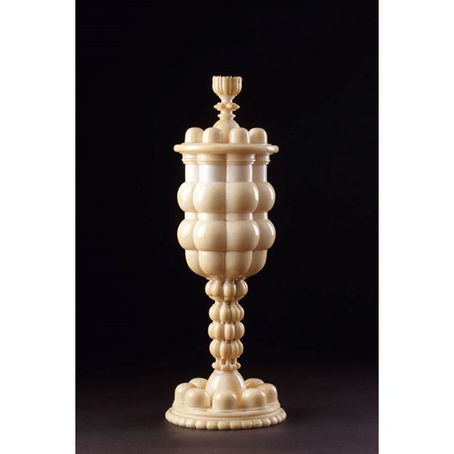 South German Turned Ivory Cup and Cover Formed of Hemispheres and Extravagant Bulbous Lobed Shapes
